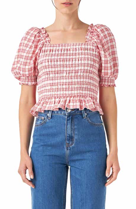 English Factory Check Smocked Bow Accent Top