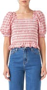 English Factory Check Smocked Bow Accent Top