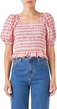 English Factory Check Smocked Bow Accent Top
