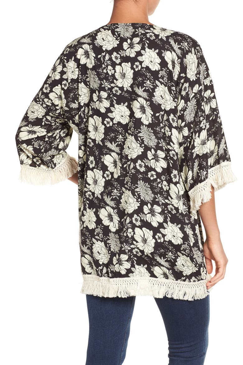 Floral Print Fringe Kimono, Alternate, color, BLACK