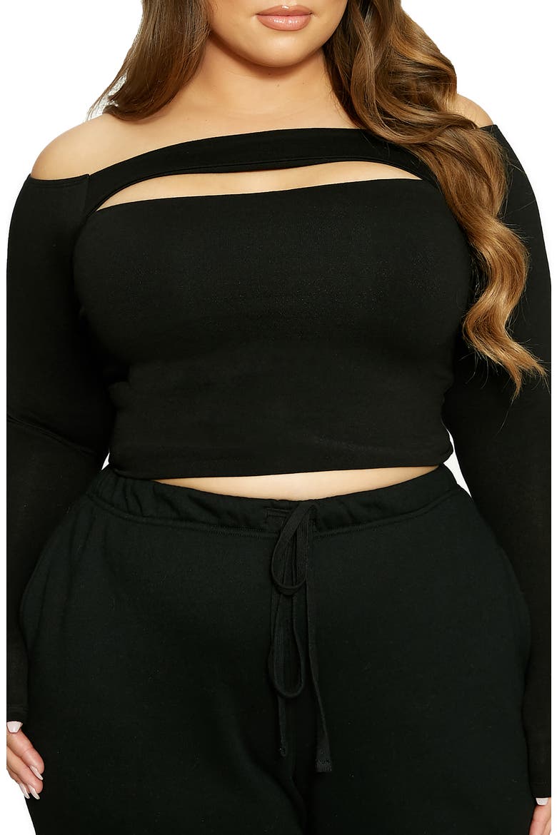 x Lori Harvey Front Cutout Off the Shoulder Crop Top, Main, color, BLACK