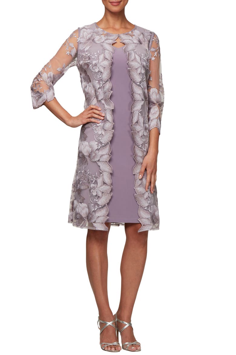 Embroidered Mock Jacket Cocktail Dress, Alternate, color, SMOKEY ORCHID