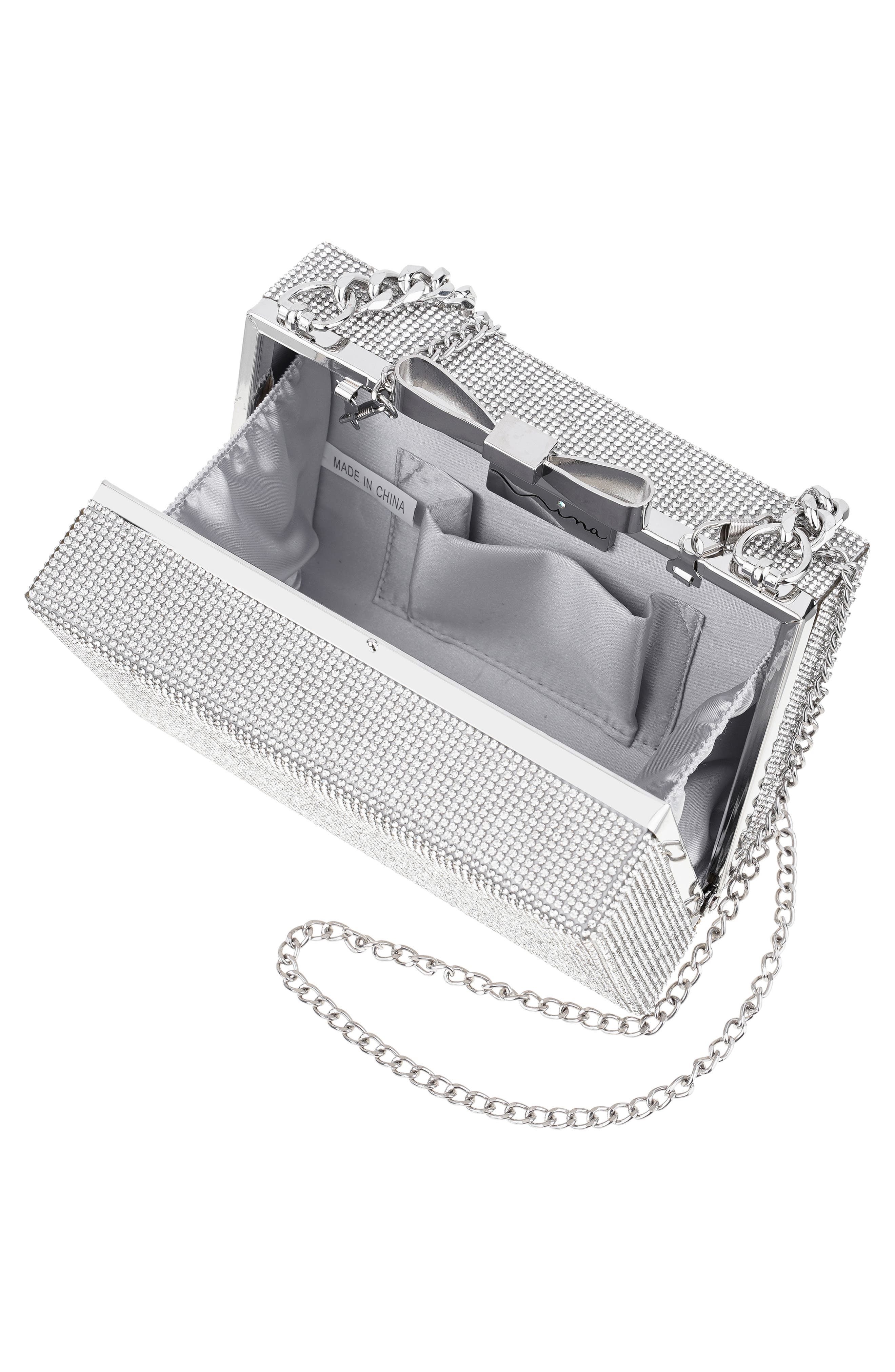 Regalo Crystal Bow Clutch, Alternate, color, SILVER