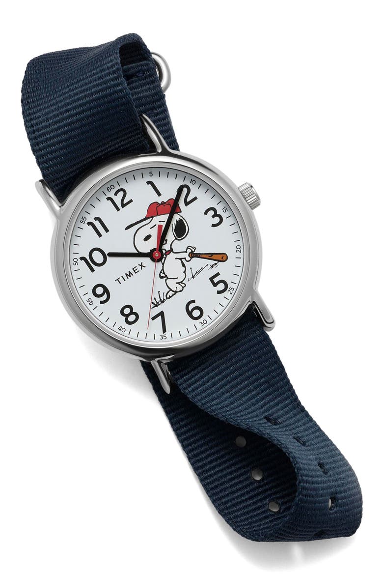 Peanuts® x Timex Weekender Baseball 38mm Fabric Strap Watch, Alternate, color, NAVY/ SILVER-TONE