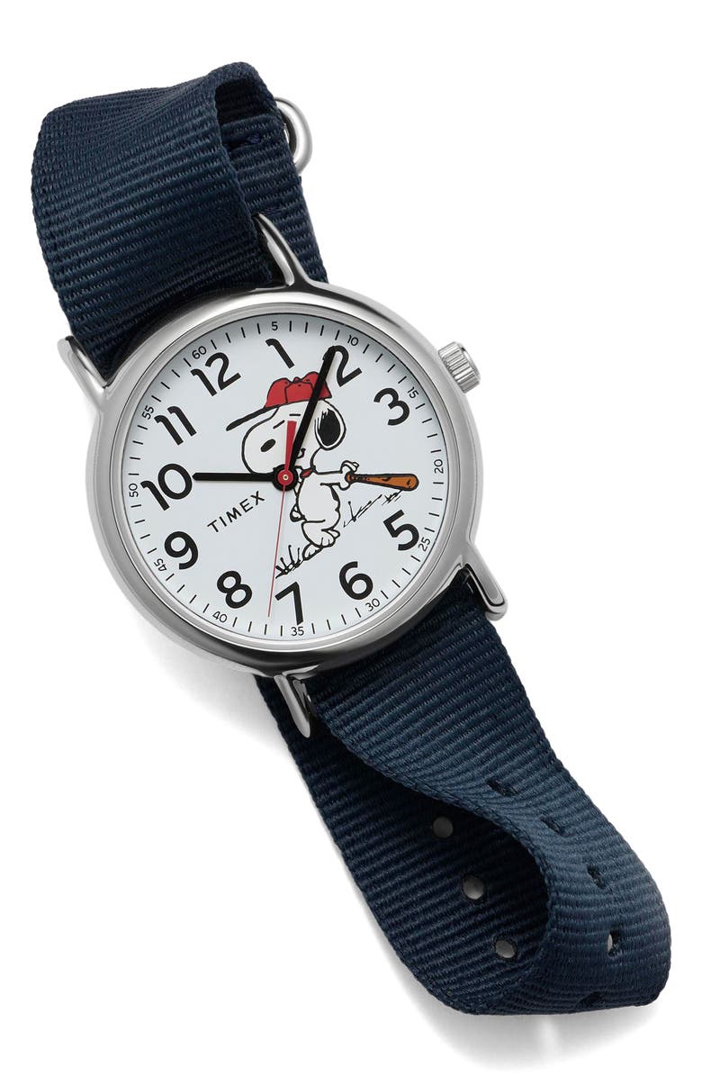 Timex<sup>®</sup> Peanuts<sup>®</sup> x Timex Weekender Baseball 38mm Fabric Strap Watch, Alternate, color, Navy/ Silver-Tone