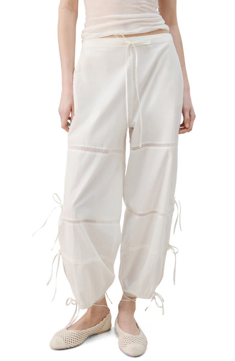 MANGO Lace & Bow Detail Cotton Pants, Main, color, Ivory White