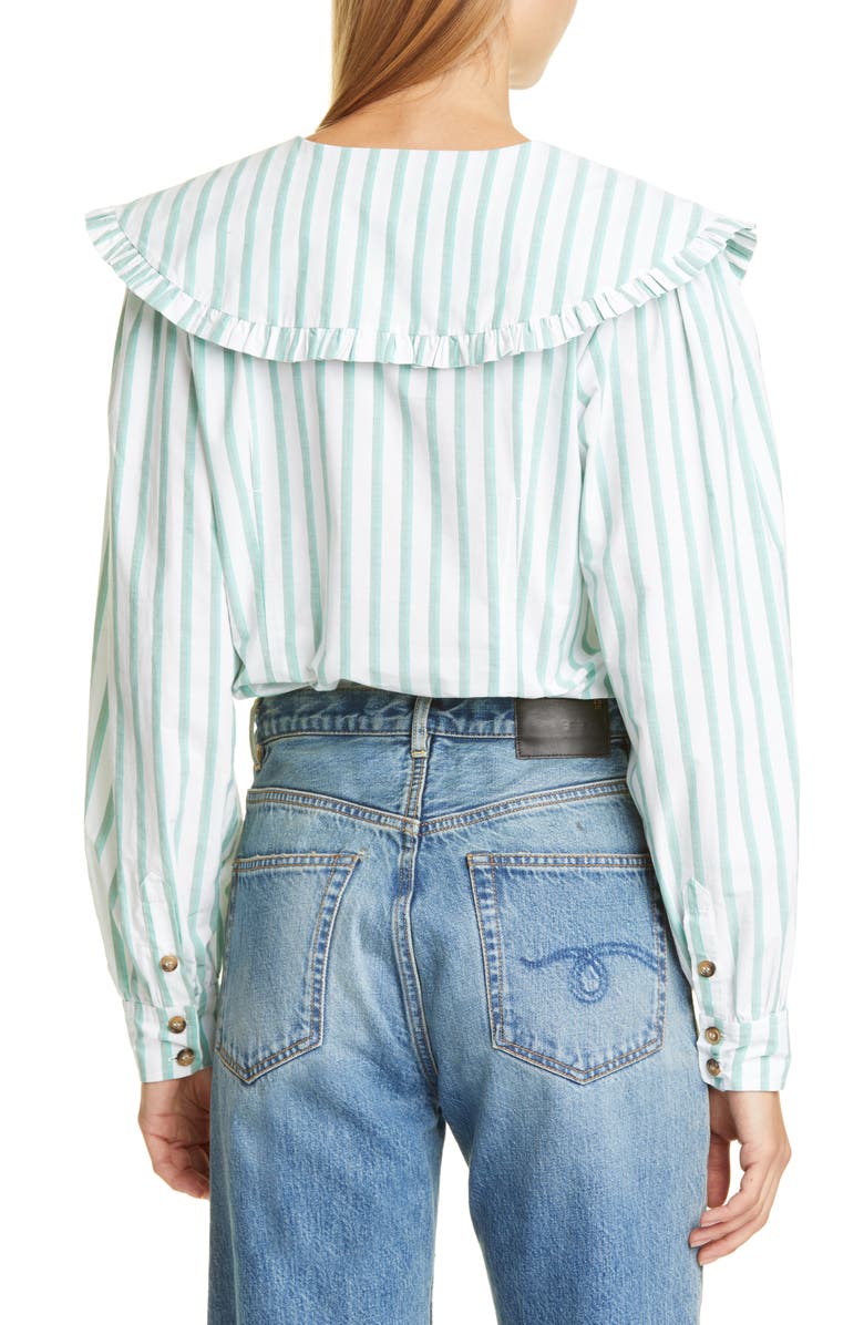 Ganni Stripe Ruffle Collar Cotton Poplin Blouse, Alternate, color, 