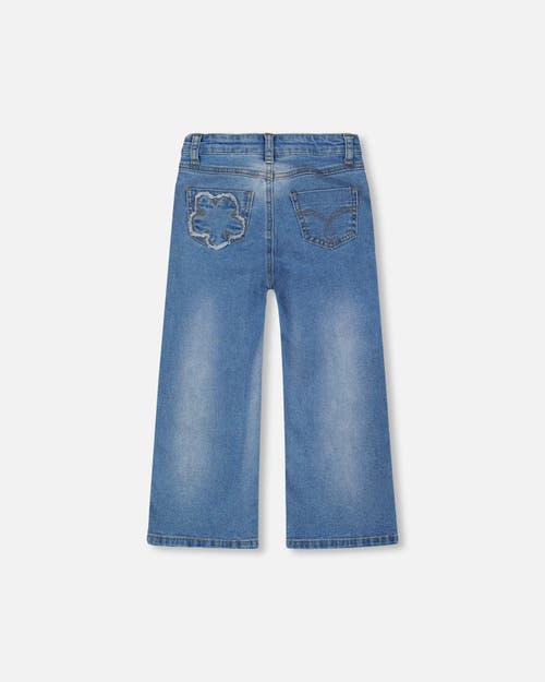 Deux Par Deux Wide Leg Stretch Jeans With Flower Stitching In Blue