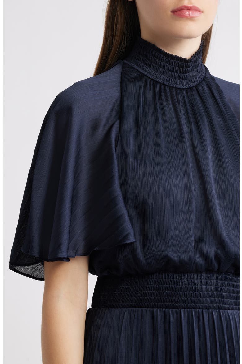 Flutter Sleeve Pleated Midi Dress, Alternate, color, NAVY