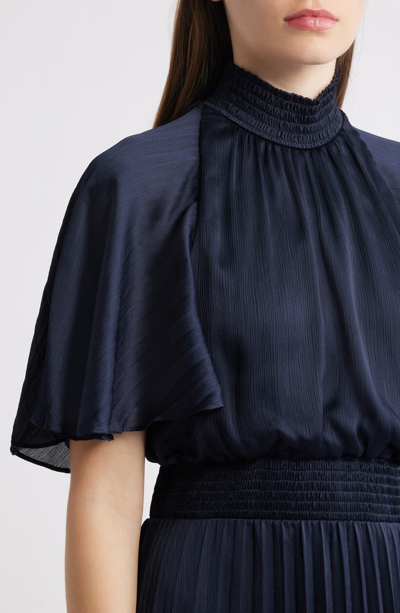 Flutter Sleeve Pleated Midi Dress