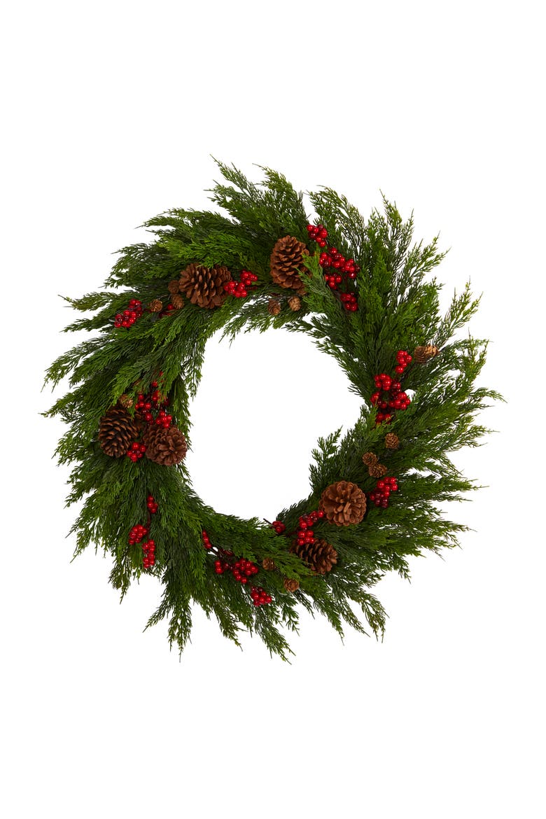 32-in Cypress with Berries and Pine Cones Artificial Wreath, Main, color, Green