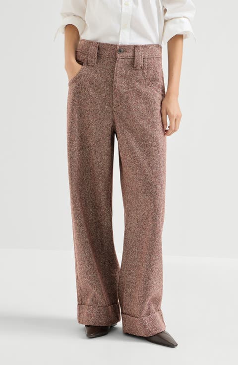 Virgin wool donegal baggy five-pocket trousers with monili