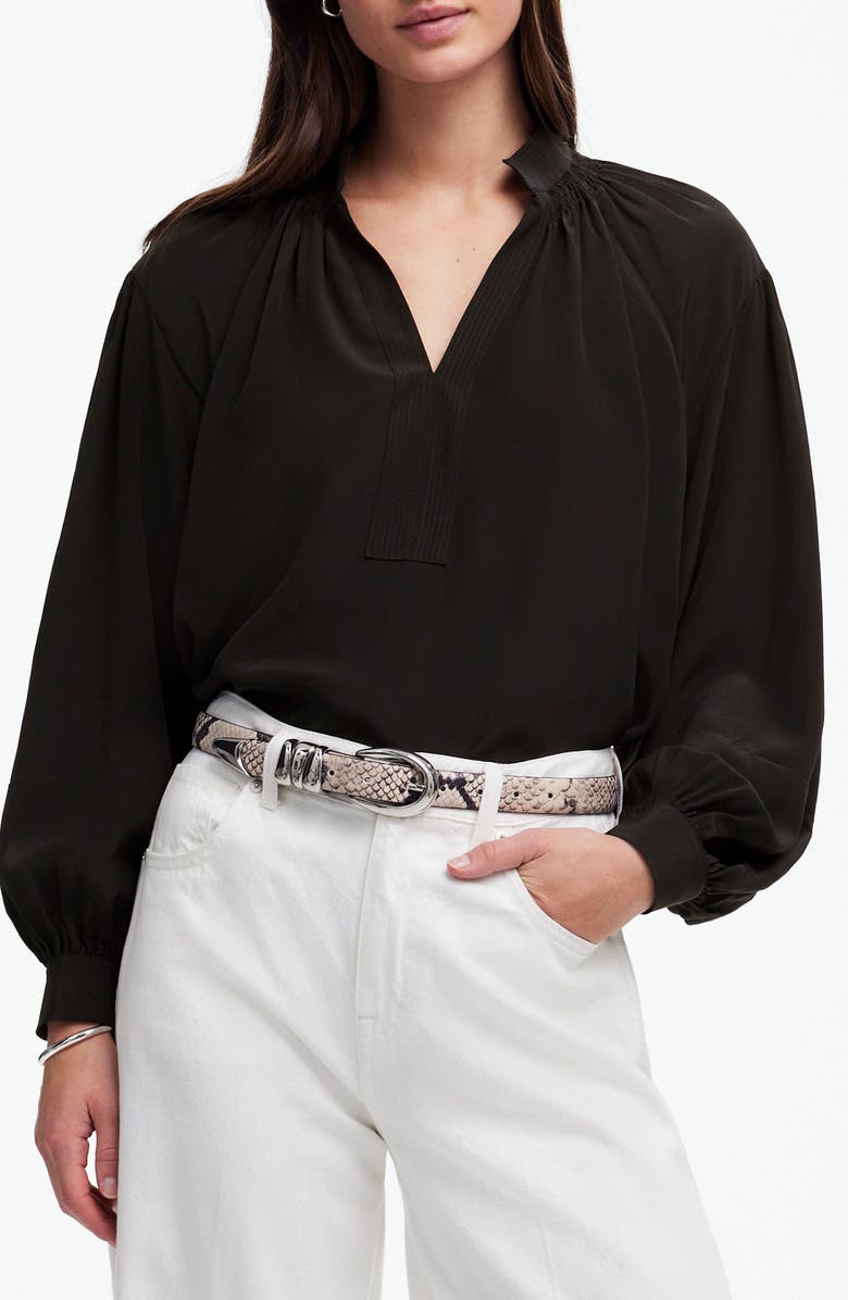 Madewell Shirred Long Sleeve Silk Top, Main, color, True Black