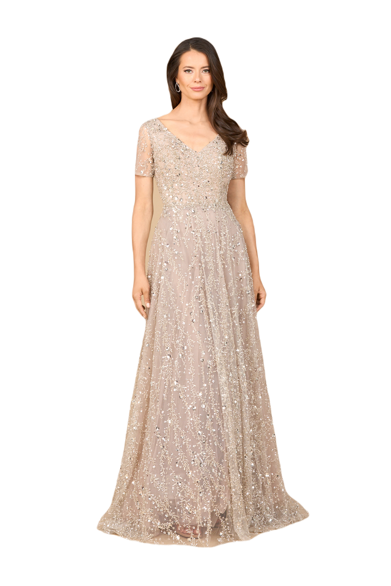 Short Sleeve V-Neck Beaded Ballgown, Main, color, Blush