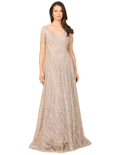 Short Sleeve V-Neck Beaded Ballgown