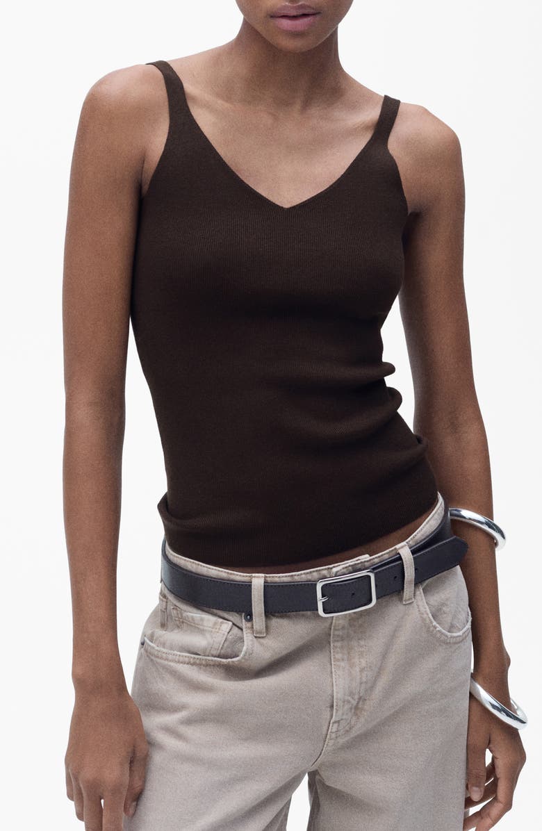 MANGO V-Neck Rib Tank, Main, color, Chocolate