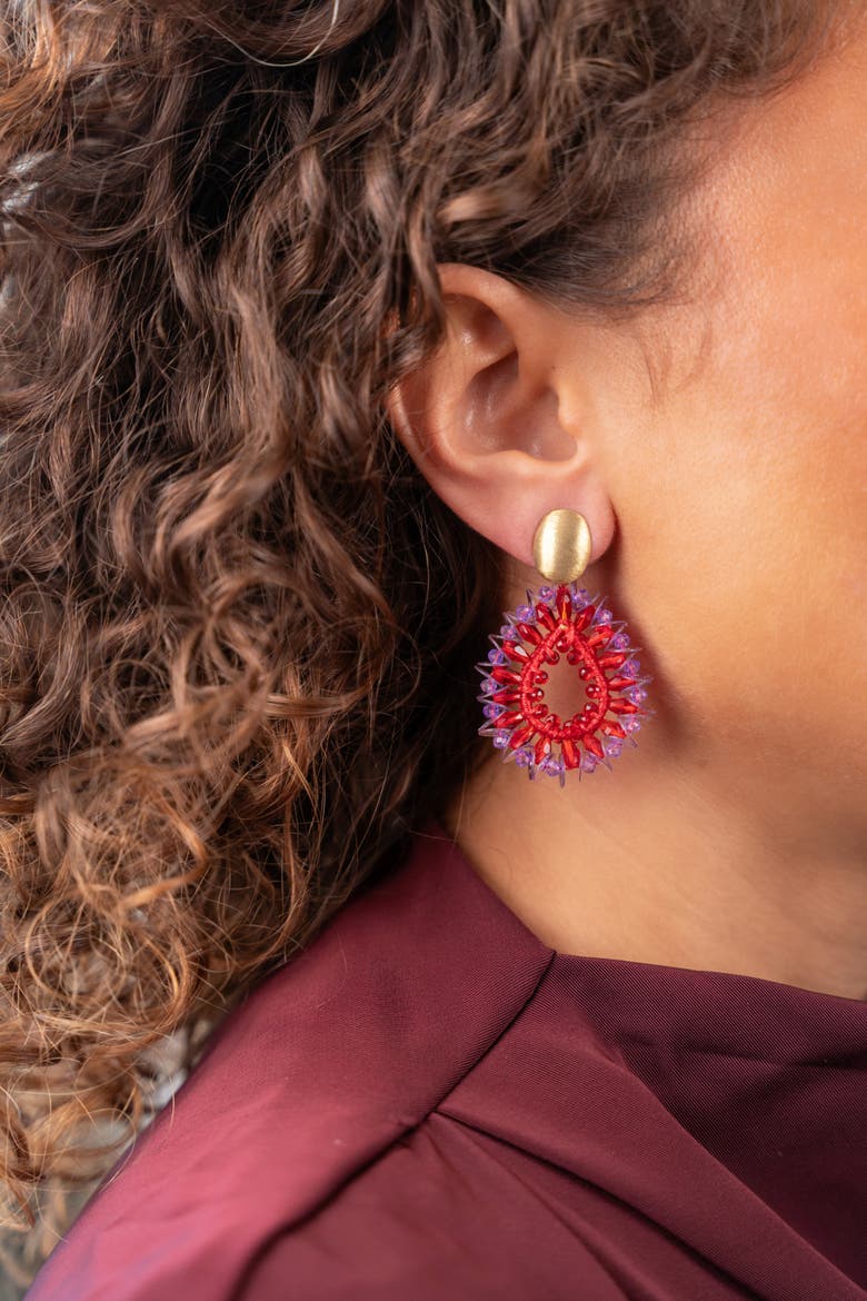 Silk Drop Crystal Earrings with Sequins in Neon Flare & Lilac, Alternate, color, Red & Lilac