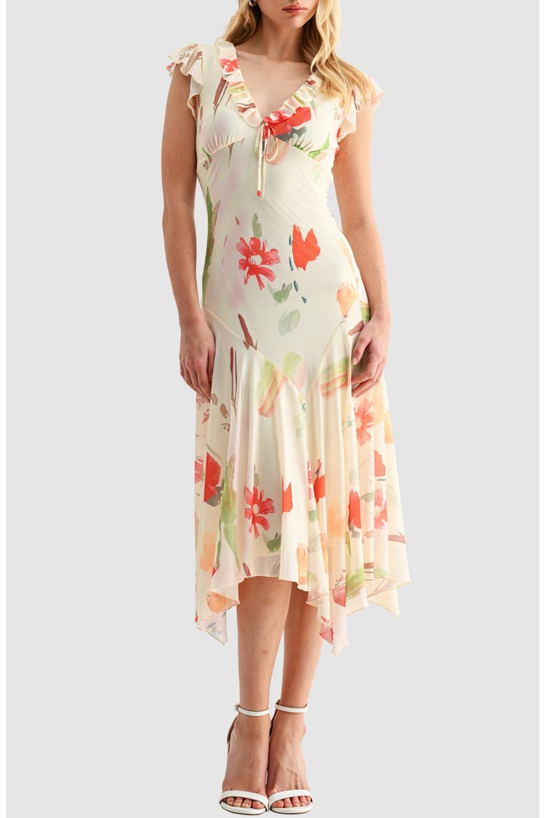 Floral Flutter Sleeve Handkerchief Hem Mesh Dress, Main, color, BUTTER RED MULTI