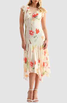 Floral Flutter Sleeve Handkerchief Hem Mesh Dress