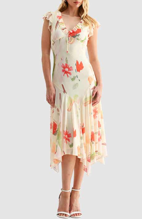 Floral Flutter Sleeve Handkerchief Hem Mesh Dress