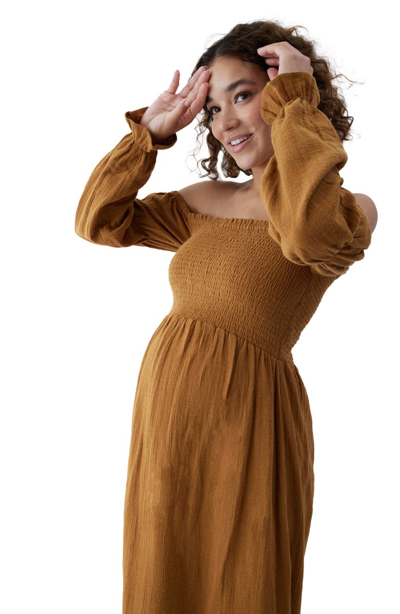Ingrid & Isabel<sup>®</sup> The Dream Off the Shoulder Long Sleeve Cotton Maternity Midi Dress, Alternate, color, Golden Brown