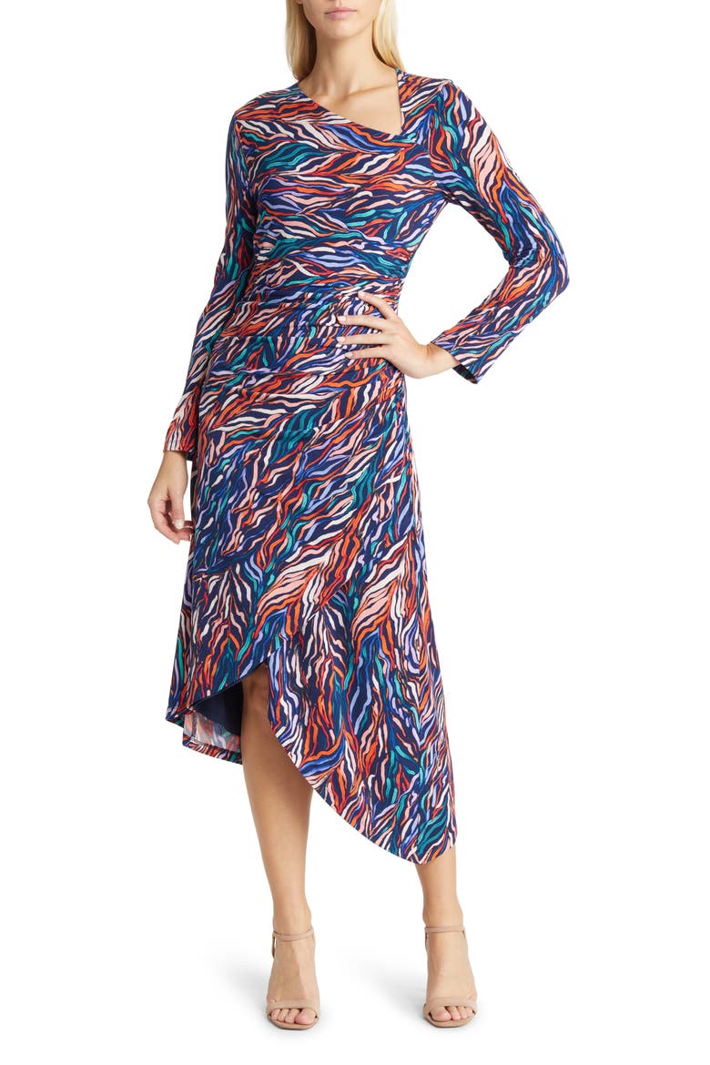 Asymmetric Long Sleeve Dress, Main, color, NAVY/ TANGERINE/ PERIWINKLE