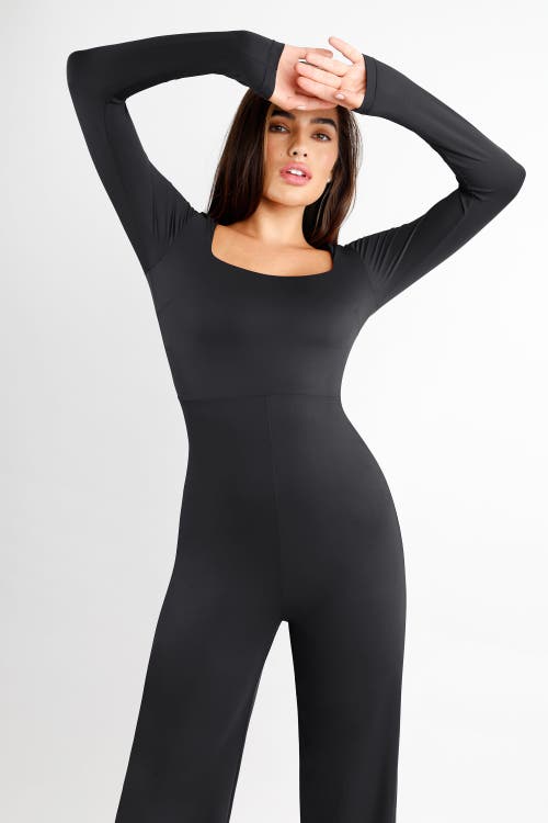 Popilush Shapewear Long Sleeve Square Neck Slimming Wide Leg Jumpsuit In Midnight Black