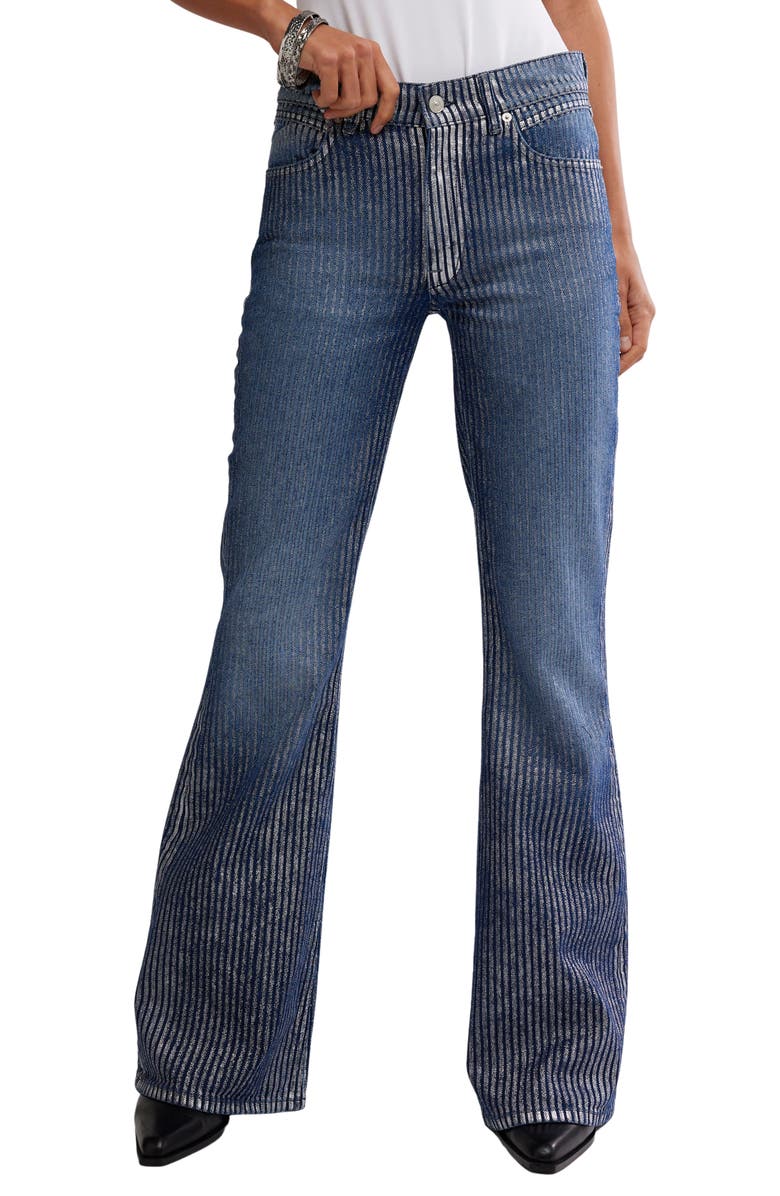 Free People West Coast Metallic High Waist Flare Jeans, Main, color, Country Blue