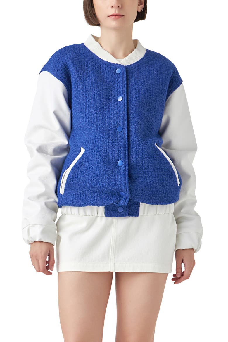 Tweed & Faux Leather Bomber Jacket, Alternate, color, BLUE/ WHITE