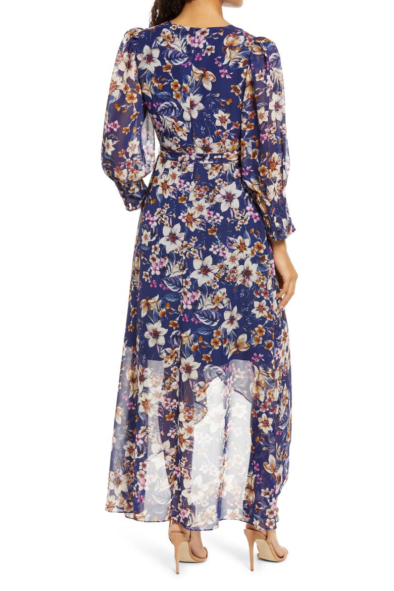 Floral Print High-Low Faux Wrap Dress, Alternate, color, NAVY