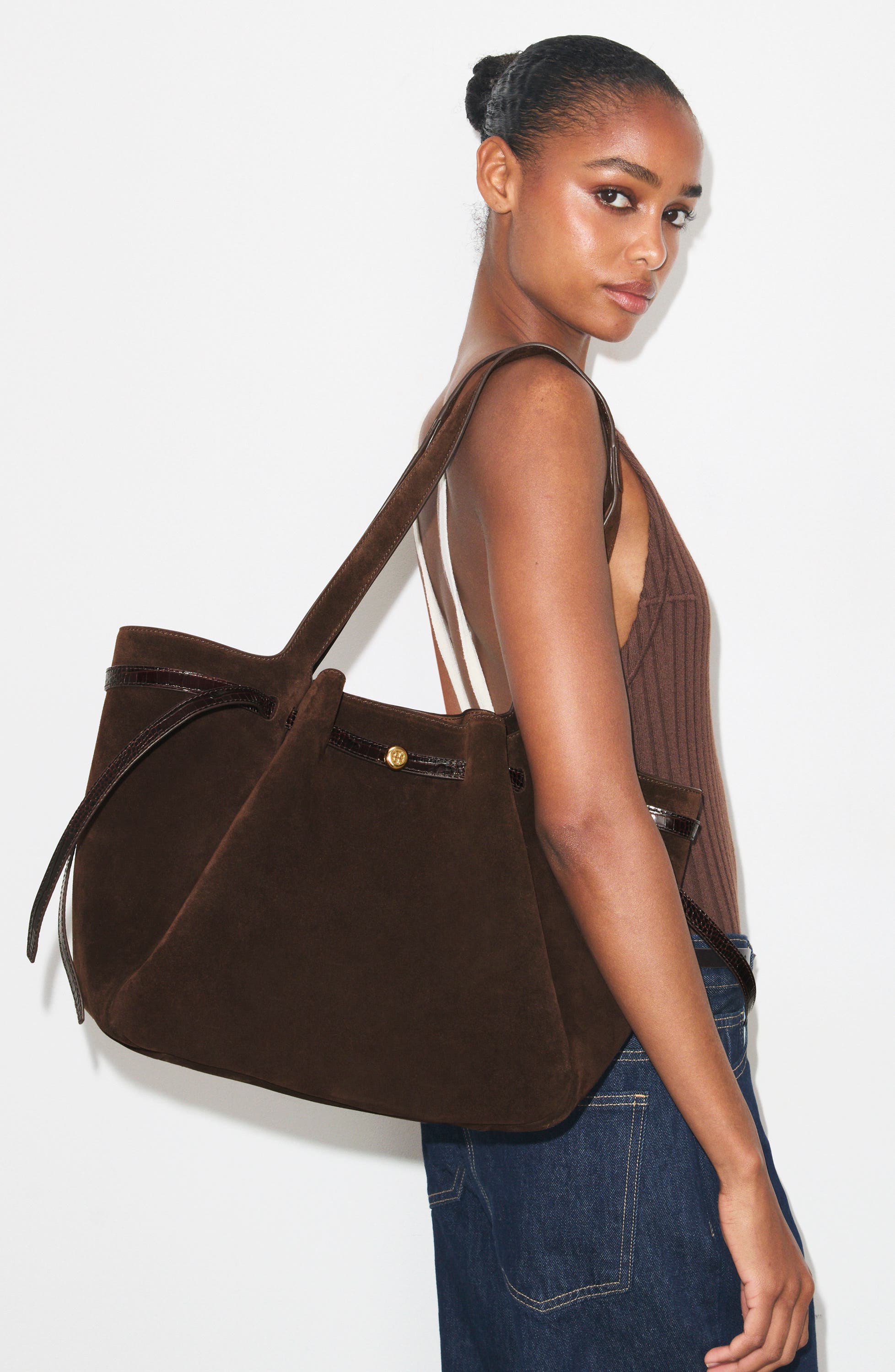 Romy Suede Tote, Alternate, color, DARK COCOA
