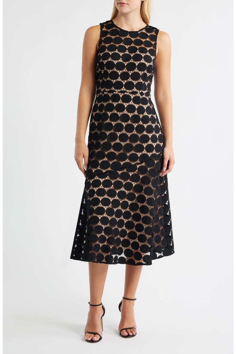 Polka Dot Lace Midi Dress, Main, color, BLACK