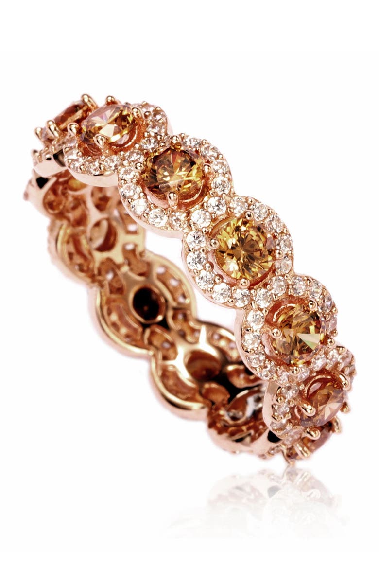 14K Rose Gold Plated Sterling Silver CZ Champagne Round Eternity Band Ring, Alternate, color, BROWN