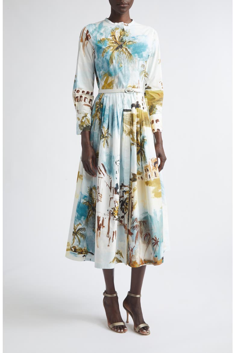 Dominican Landscape Stretch Poplin Shirtdress, Main, color, BLUE GREEN MULT