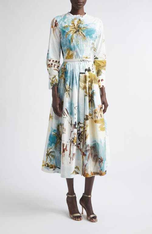 Oscar de la Renta Dominican Landscape Stretch Poplin Shirtdress in Blue Green Mult at Nordstrom, Size 8