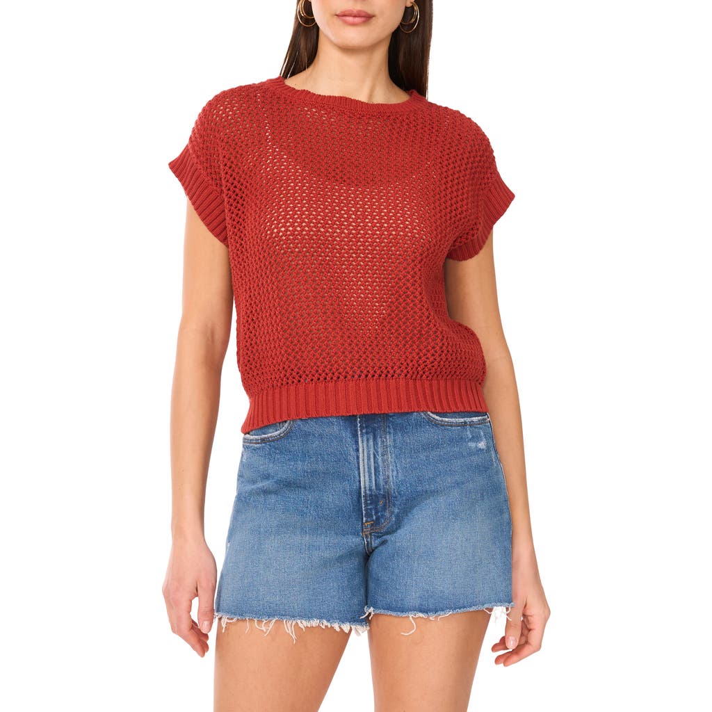 Vince Camuto Open Stitch Short Sleeve Cotton Sweater In Red