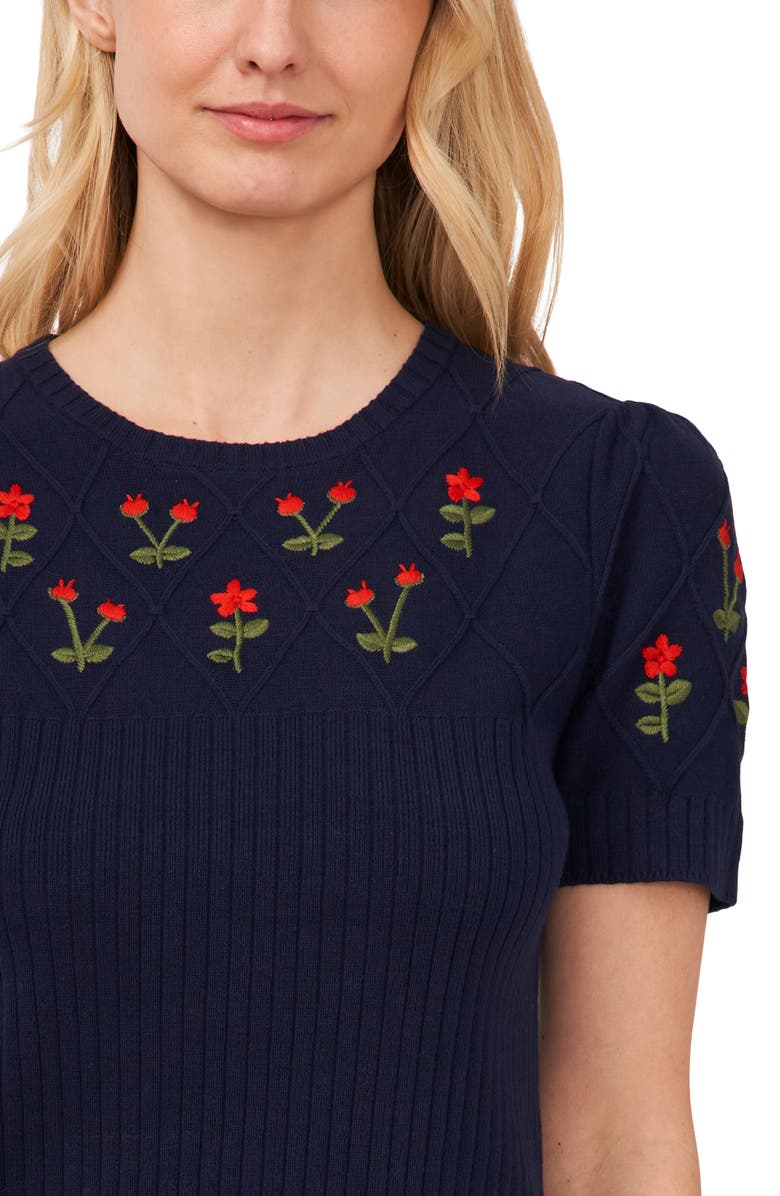 CeCe Cotton Embroidered Short Sleeve Sweater, Alternate, color,