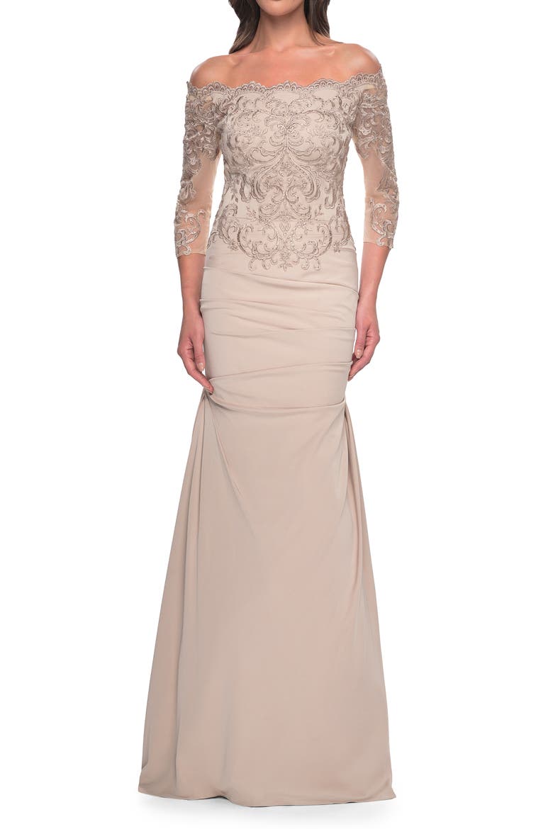 Satin Mermaid Gown with Off the Shoulder Lace Bodice, Main, color, Light Gold