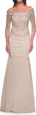 La Femme Satin Mermaid Gown with Off the Shoulder Lace Bodice