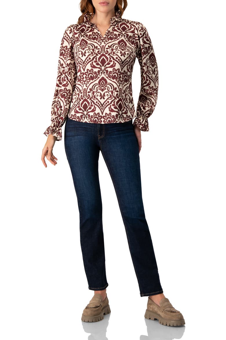 Ruffled V-Neck Abstract Blouse, Alternate, color, Wine