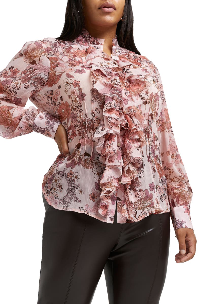 River Island Floral Print Ruffle Placket Blouse, Alternate, color,