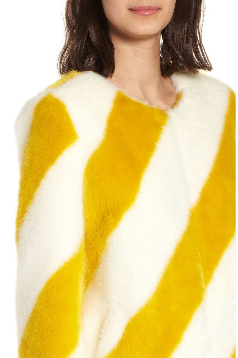 Collarless Chubby Faux Fur Jacket, Alternate, color, IVORY/ MARIGOLD STRIPE