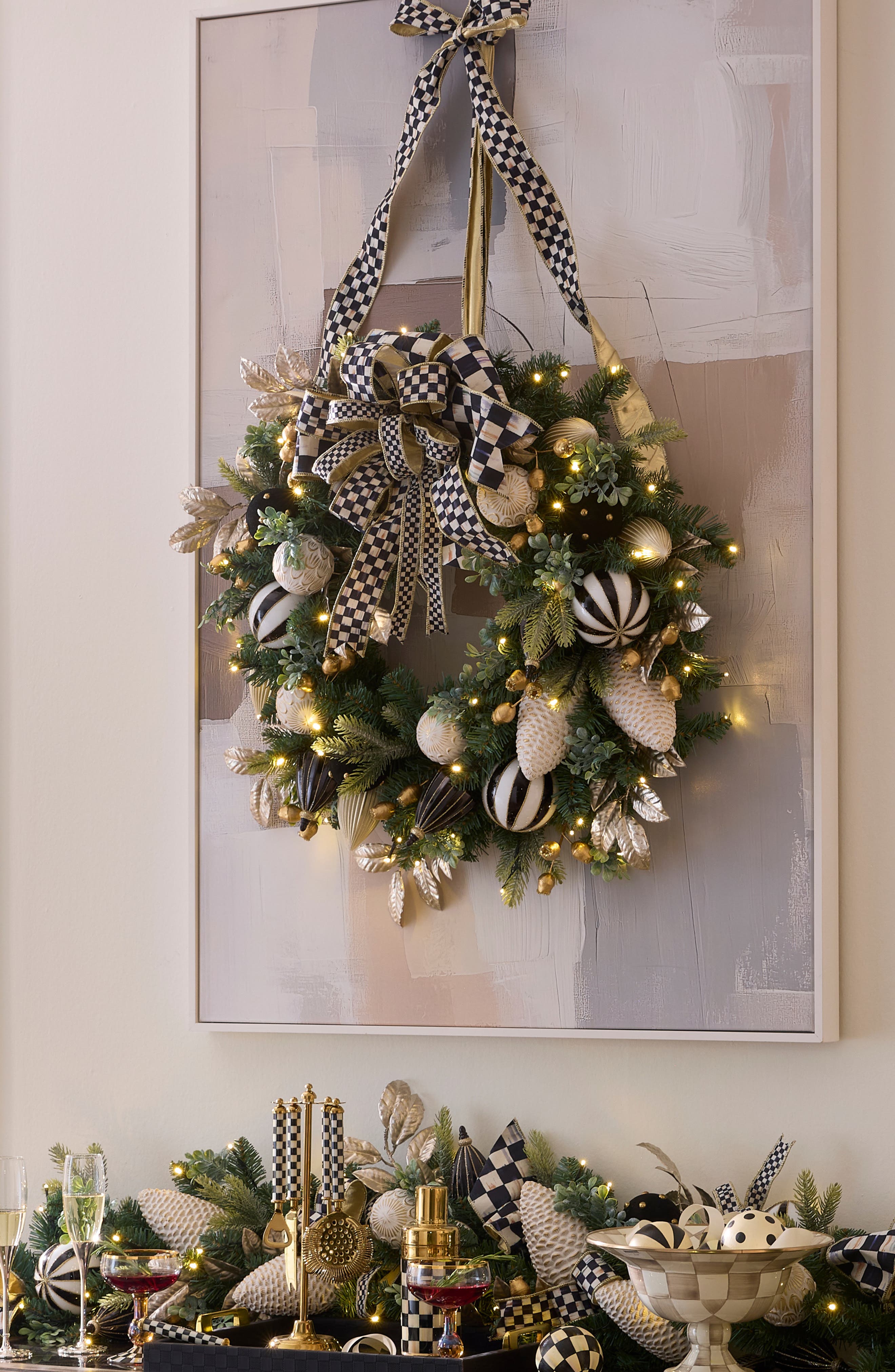 MACKENZIE CHILDS Courtly Checks Illuminated 26-Inch Wreath | Nordstrom