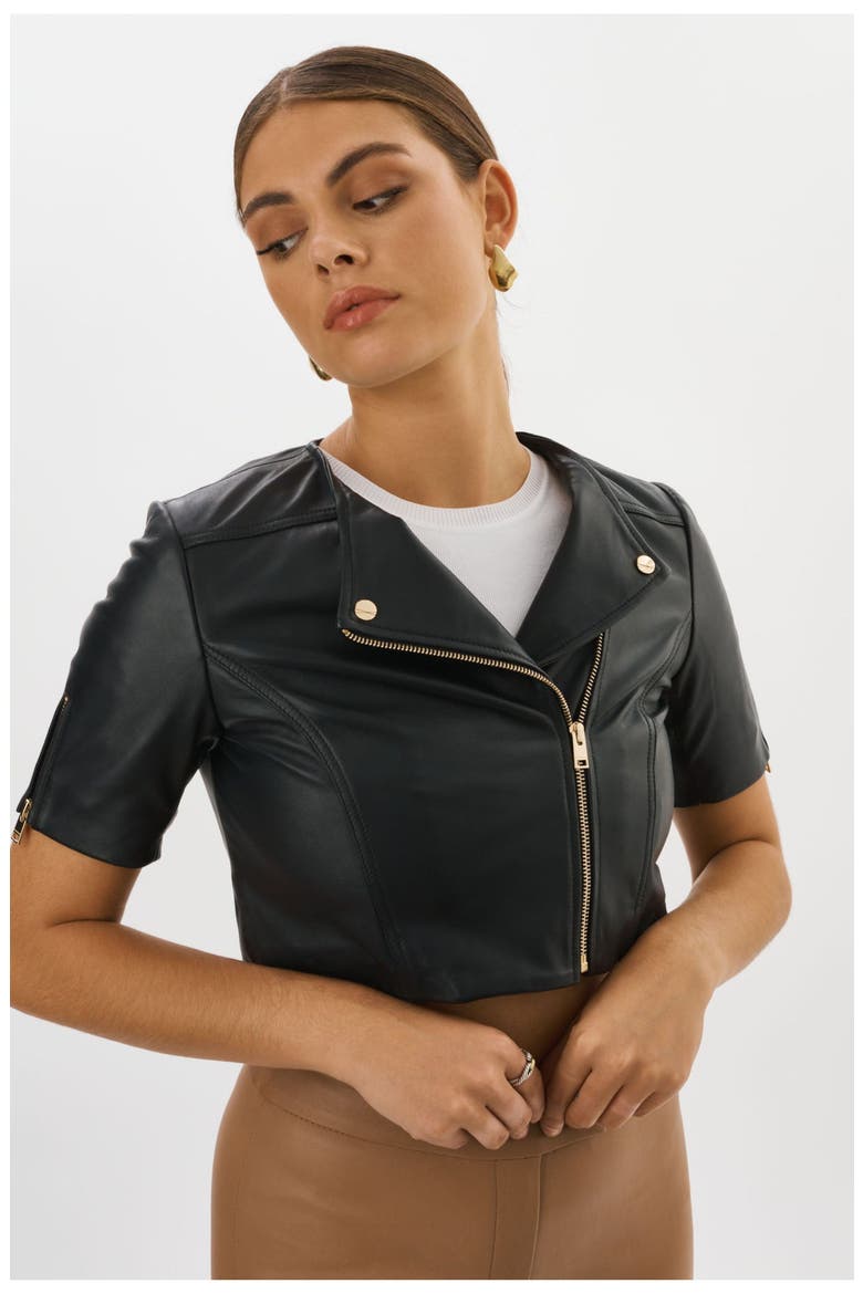 Kirsi Gold | Cropped Biker Jacket, Alternate, color, Black