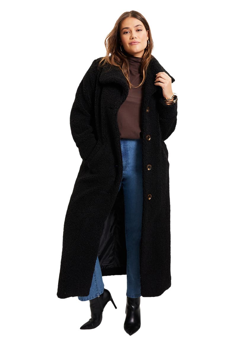 Maxi Teddy Fleece Coat, Main, color, BLACK