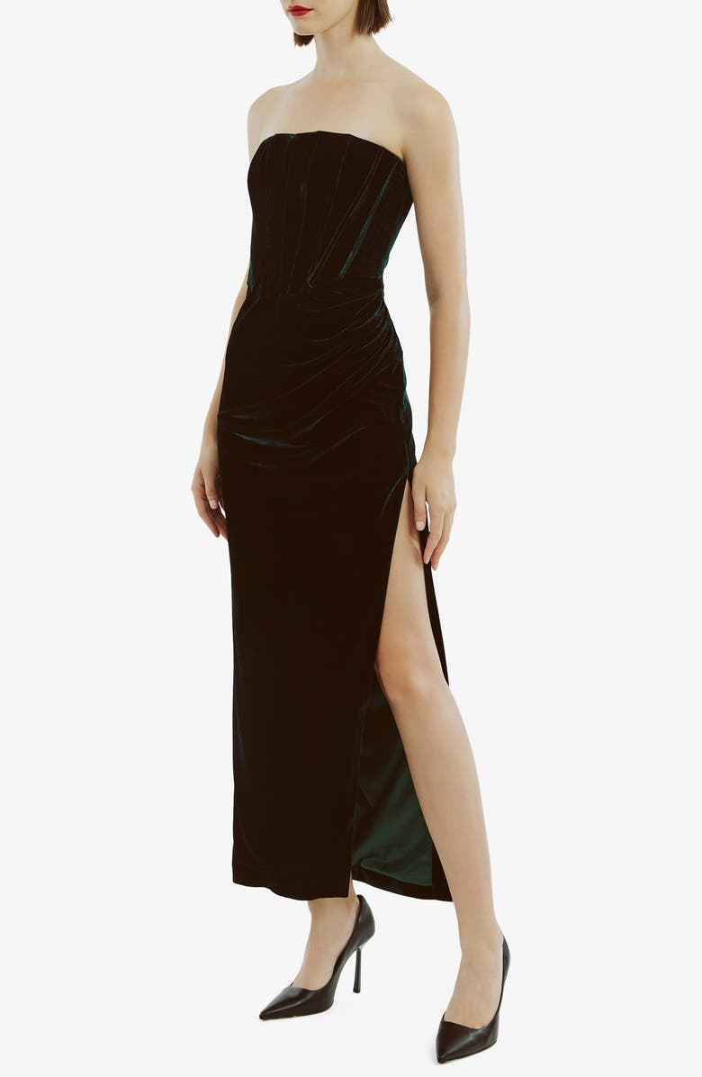 Bardot Everlasting Strapless Velour Cocktail Midi Dress, Alternate, color, Emerald Green