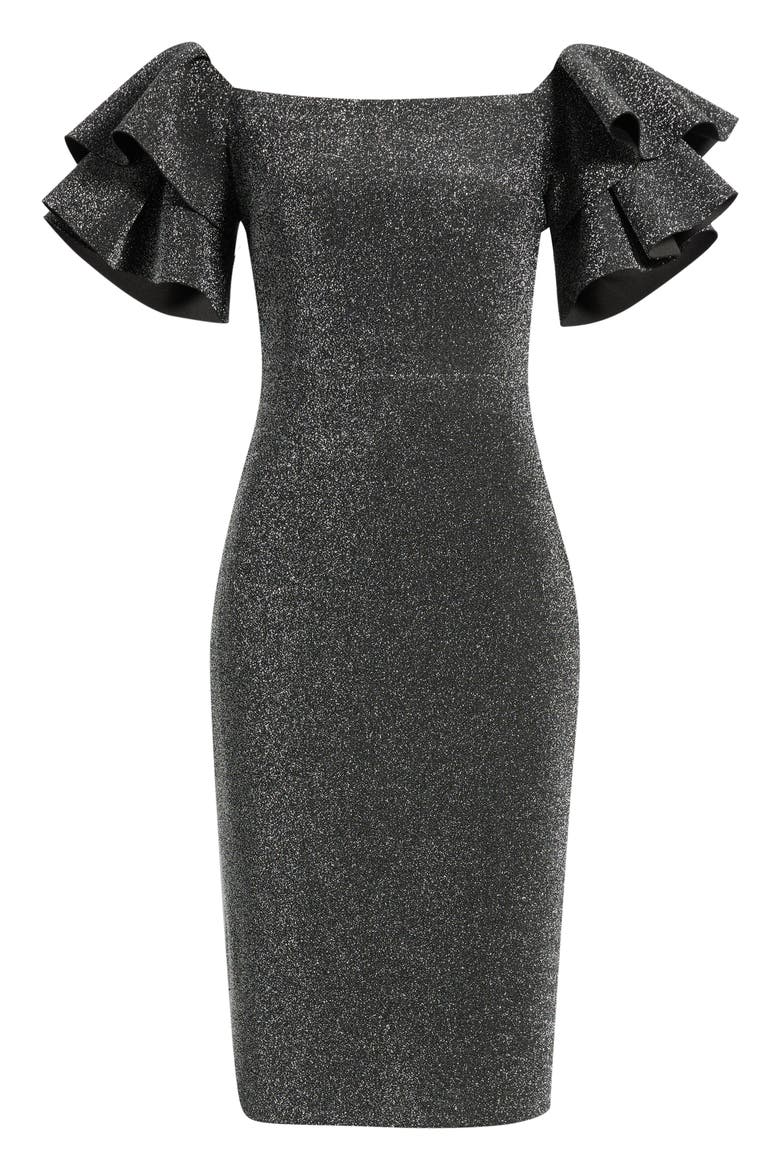 Metallic Ruffle Sleeve Off the Shoulder Cocktail Dress, Main, color, BLACK SILVER