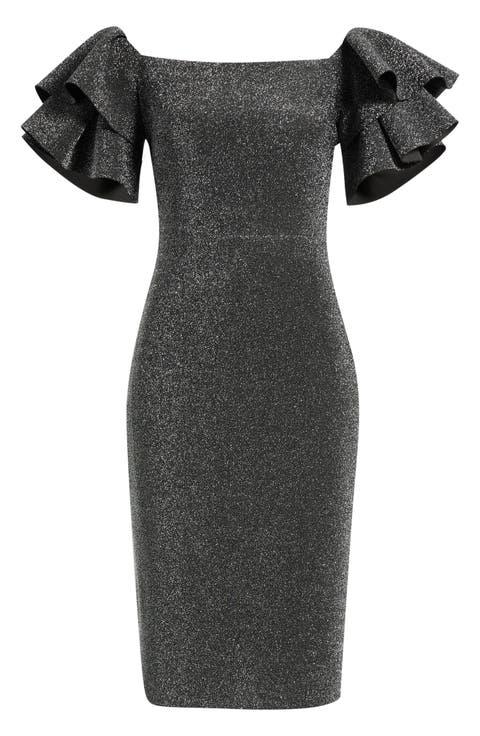 Metallic Ruffle Sleeve Off the Shoulder Cocktail Dress
