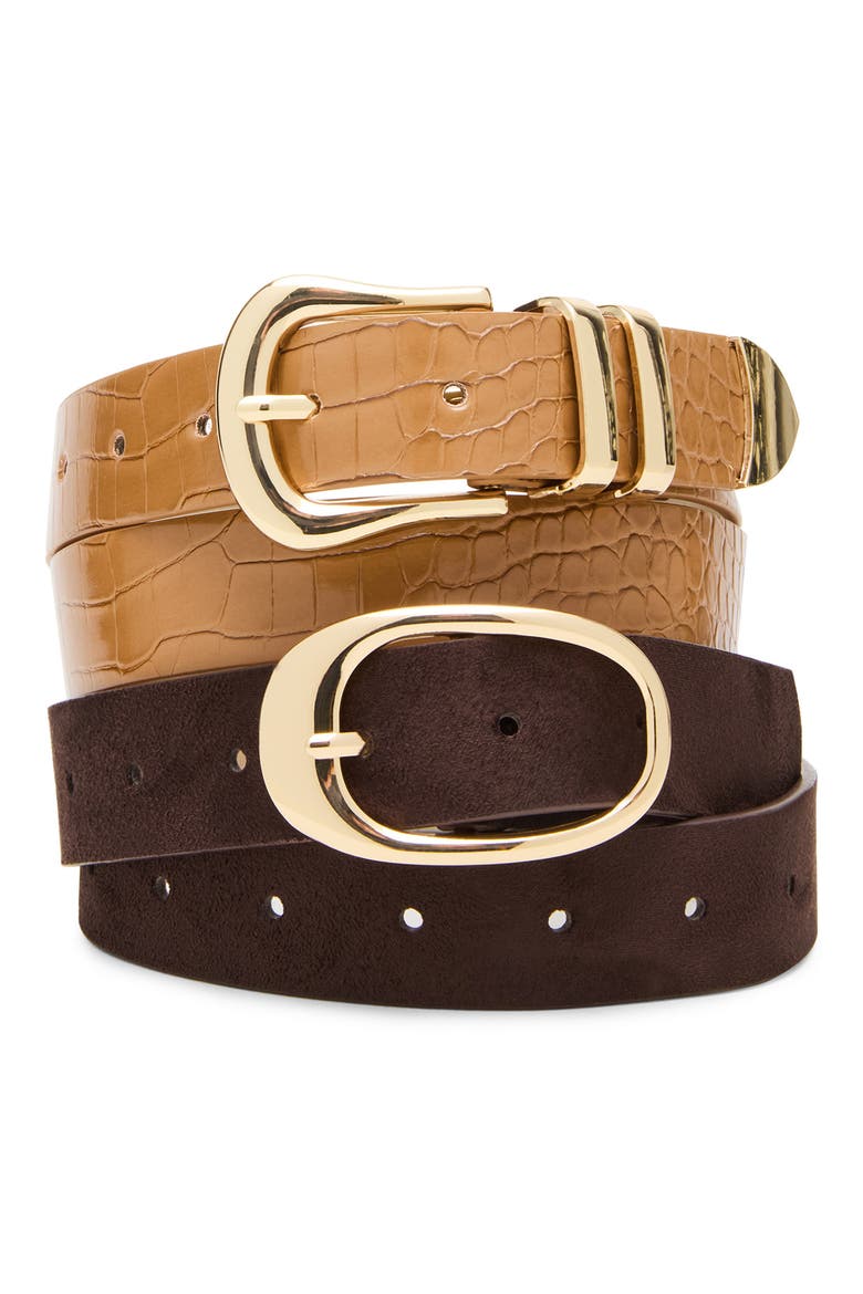 Set of 2 Assorted Belts, Alternate, color, TAN MULTI