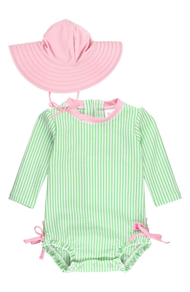 RuffleButts Seersucker One-Piece Rashguard Swimsuit & Sun Hat Set, Main, color, 